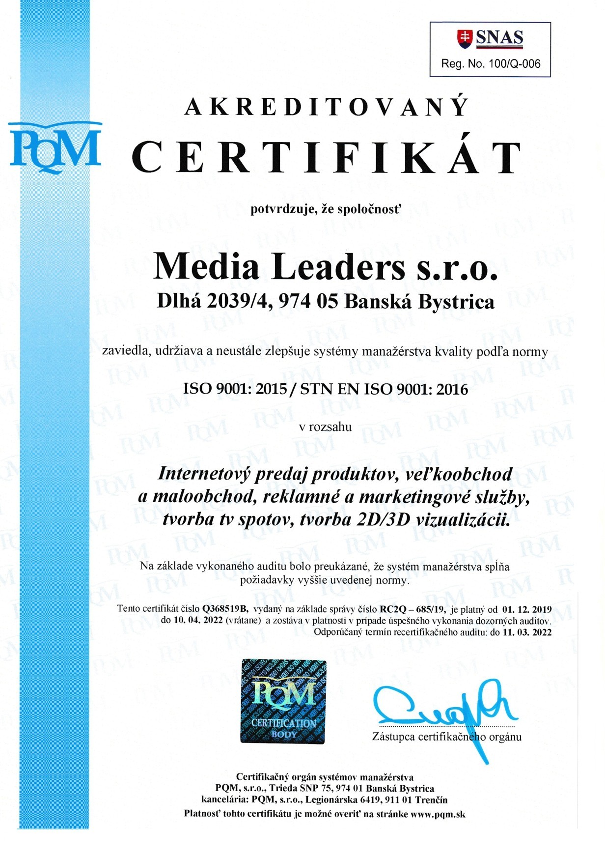 iso 9001 certificate media leaders sro