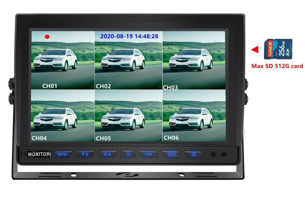 10-inch rear monitor na may SD card recording na suportado ng 8 camera