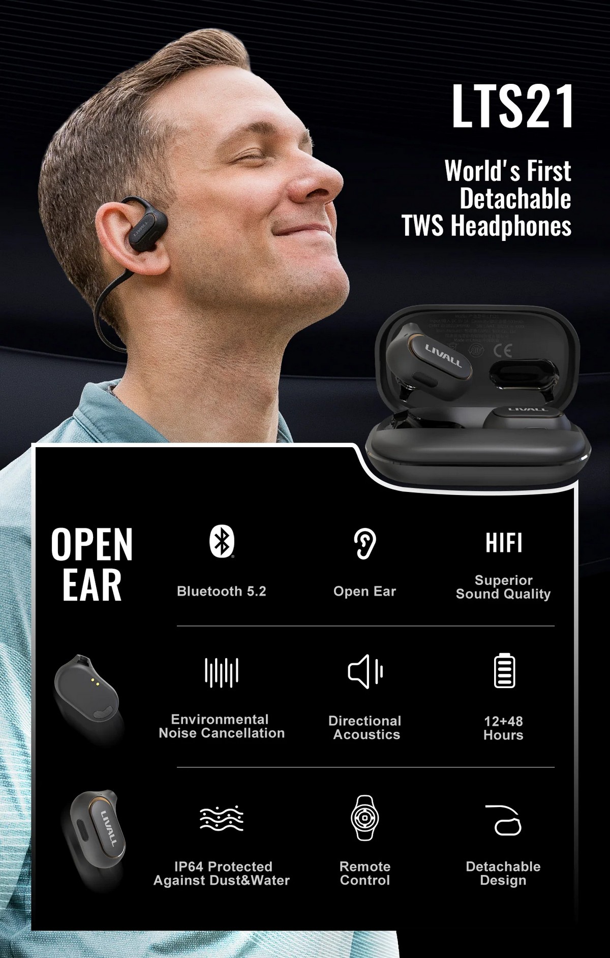 Mga wireless na headphone ng sports na may bluetooth - detachable open-ear na disenyo