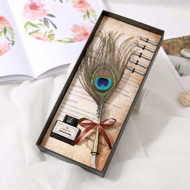 Peacock feather na may panulat - retro luxury calligraphy set