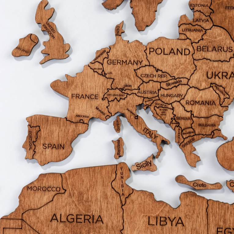 Pagpinta ng dingding ng mga mapa ng mundo ng mga kontinente ng kulay ng oak