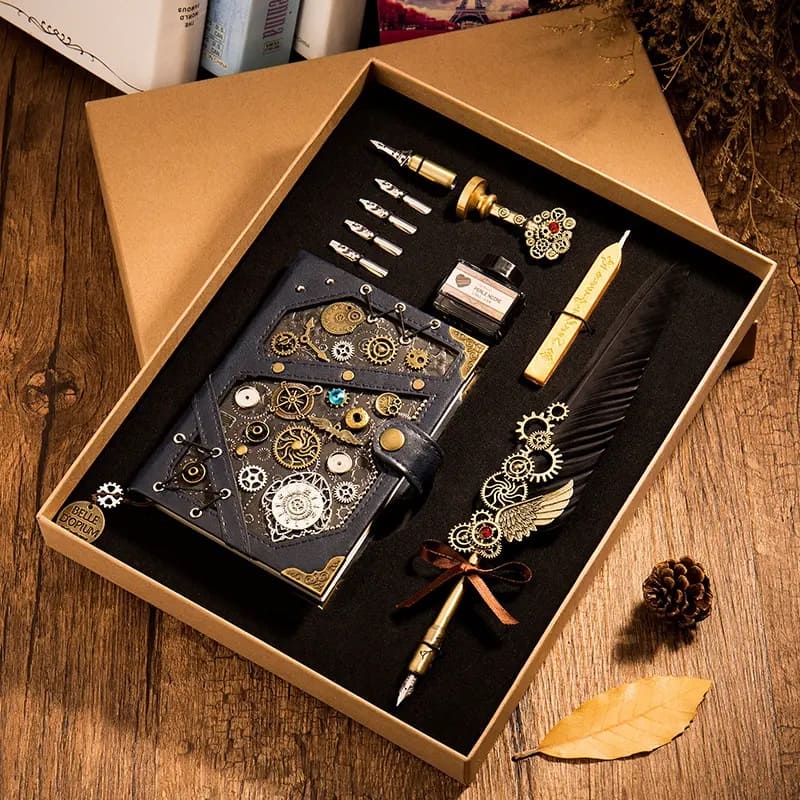 Steampunk notebook + feather pen dip - eksklusibong luxury gift pen set
