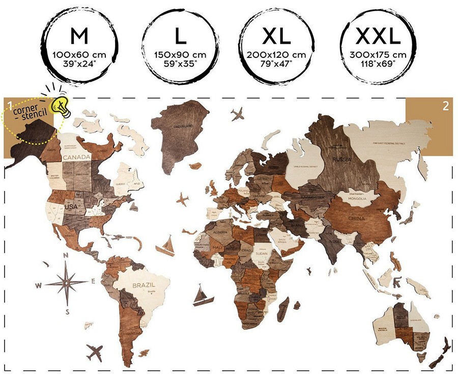 Sukat ng mapa ng mundo ng 3d na pader XL