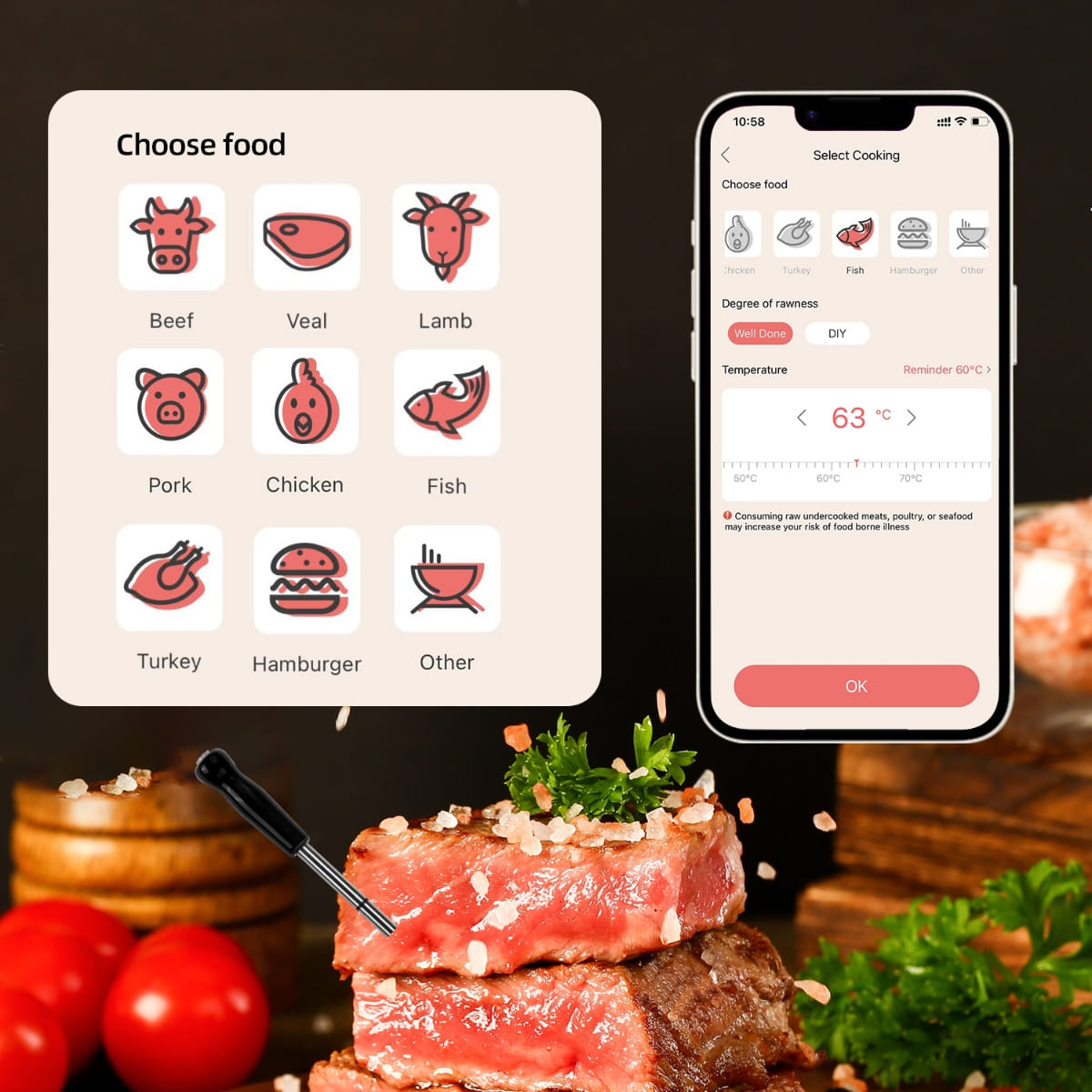 Wireless meat thermometer - application ng mobile phone