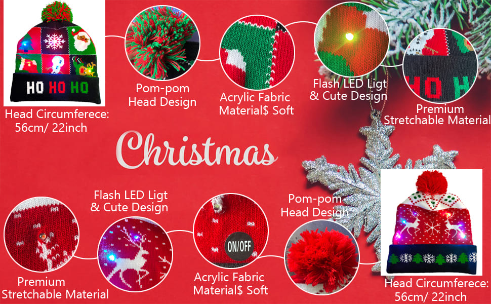 Mga Christmas beanies para sa taglamig na may iba't ibang motif (mga disenyo) na iluminado ng LED